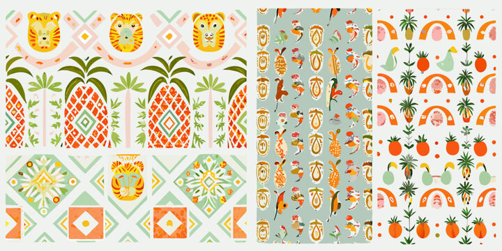 four panels of tropical and folk art inspired patterns pineapple animal geometric