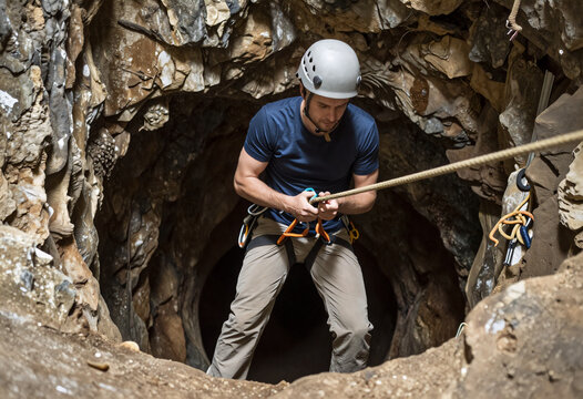 Caver Descending Deep Pit with Rope and Front Light