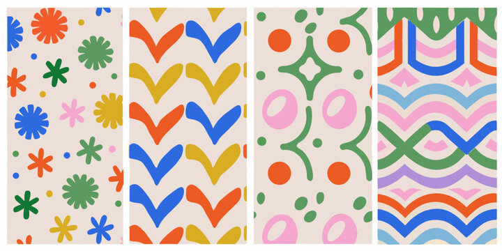 set of four colorful vector patterns with floral and geometric designs design