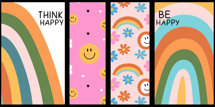 set of four vertical posters in retro 70s style smileys flowers rainbows