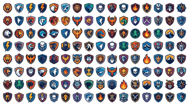Large Esports Shield Badge Collection with Fantasy Team Logos and Gaming Emblems