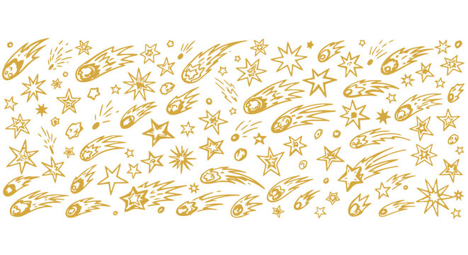Golden Hand-Drawn Stars and Falling Comets Pattern on White Background, Horizontal Banner for Celestial and Festive Design Projects