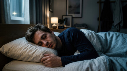 Obraz premium Man Asleep in Bed, Peaceful Serene, Bedroom Scene, Comfort and Relaxation