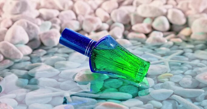 Fresh blue perfume in environment of white stones and sea. 