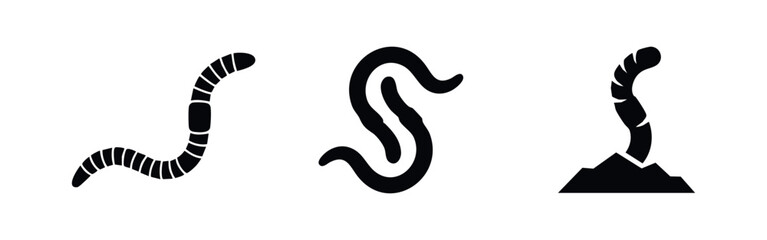 Earthworm Icon Set. Simple Black Silhouettes of Garden Worms in Various Poses for Agriculture and Fishing © Lili