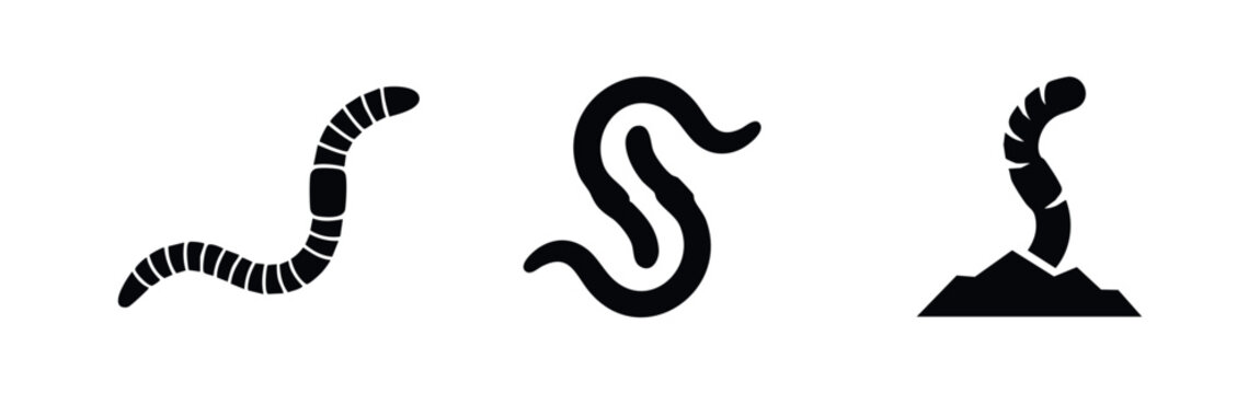 Earthworm Icon Set. Simple Black Silhouettes of Garden Worms in Various Poses for Agriculture and Fishing