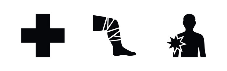 Obraz premium Medical Injury and First Aid Icon Set. Simple Black Silhouettes for Healthcare and Emergency Symbols