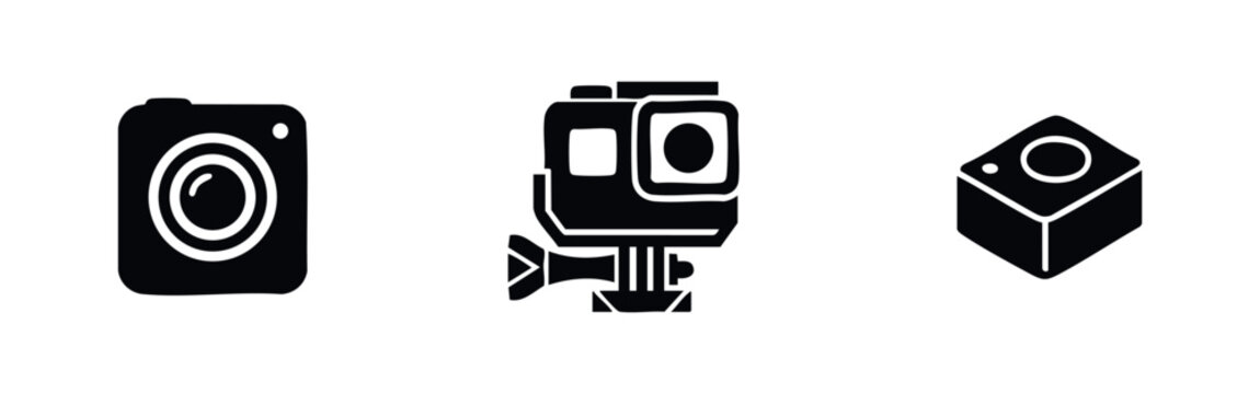 Action Camera and Compact Camera Icon Set. Simple Black Silhouettes for Photography and Adventure Devices