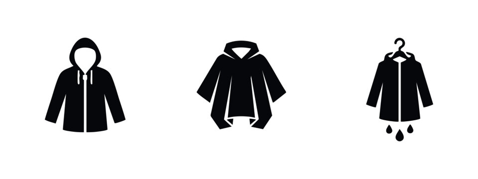 Raincoat and poncho icons set. Waterproof clothing and rain protection symbols for wet weather.
