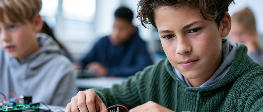 A focused young student engages in a hands-on electronics project, showcasing creativity and curiosity in a modern classroom environment filled with peers.