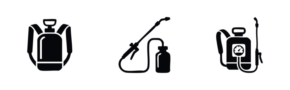 Backpack sprayer and garden pump icons set. Agricultural and pest control equipment symbols.