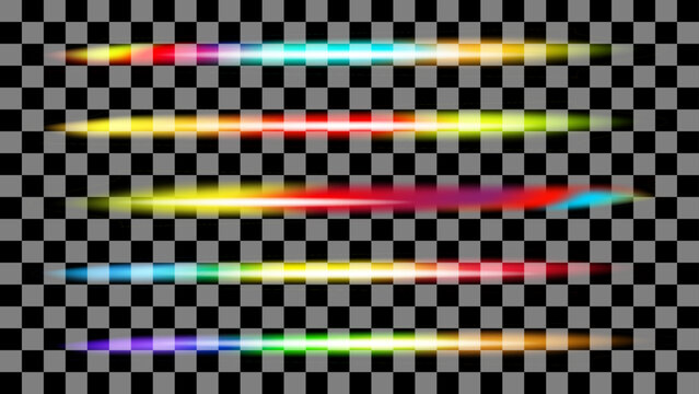 Abstract rainbow light leak rays vector set on checkerboard background. Gradient mesh horizontal flares bundle with prism reflection. Iridescent futuristic design elements EPS.