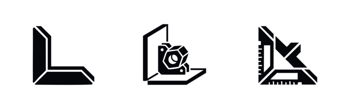 Set of different carpenter square and angle bracket icons. Construction and measurement tools.