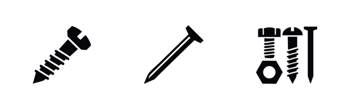 Set of various screw and nail icons. Construction and fastening hardware elements.