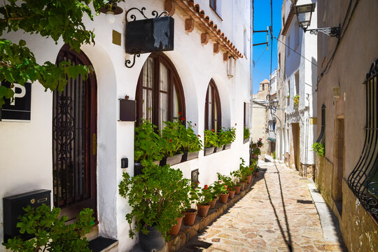 Charming narrow street with white houses and potted green plants in the historic old town of Tossa de Mar, Costa Brava, Spain.