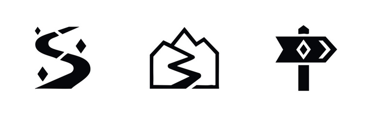 Road and direction icons set. Winding path, mountain road, and signpost symbols for travel and navigation. © Lili