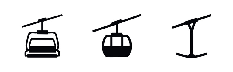Ski lift icons set. Chairlift, gondola, and T-bar symbols for winter sports and mountain transportation. © Lili