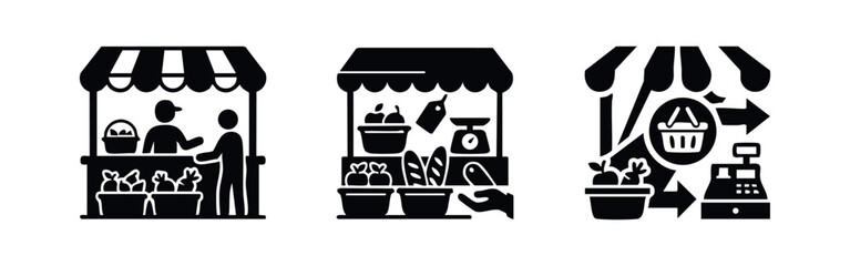 Market stall icons set. Farmer's market stands with vendors, fresh produce, and shopping concepts. © Lili