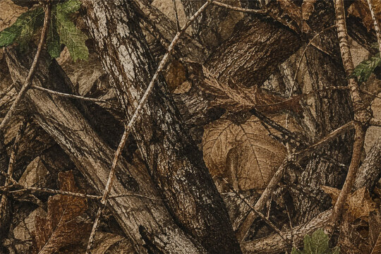 Realistic Woods Hunting Camouflage Pattern with Tree Bark and Autumn Leaves