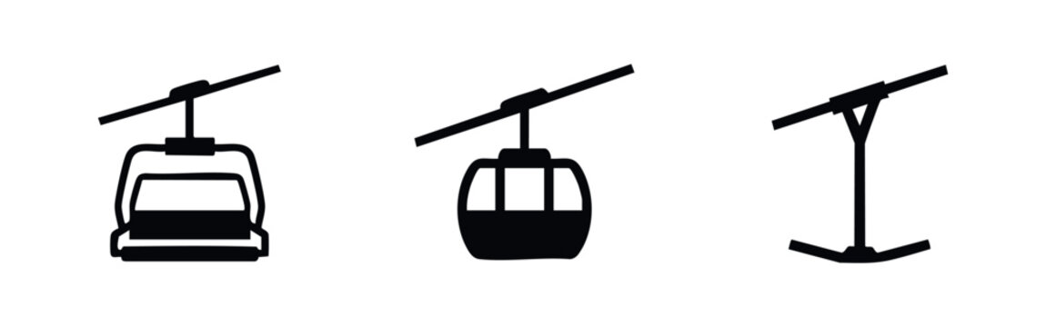 Ski lift icons set. Chairlift, gondola, and T-bar symbols for winter sports and mountain transportation.