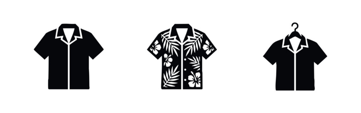 Hawaiian shirt icons set. Tropical shirts with floral patterns for summer and vacation fashion.