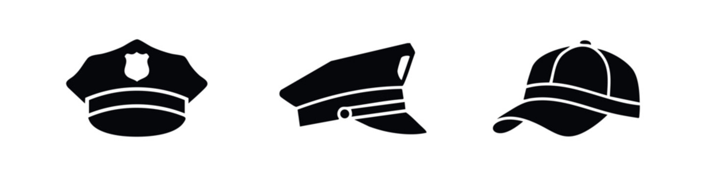 Police hat icons set. Various police caps and headwear symbols for law enforcement and authority.