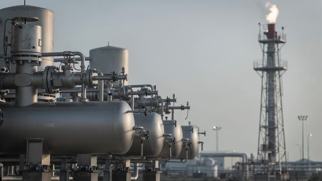 Low wind medium shot of hydrogen compressors and flare stack with flickering pilot flame showcasing operational stability in controlled conditions.