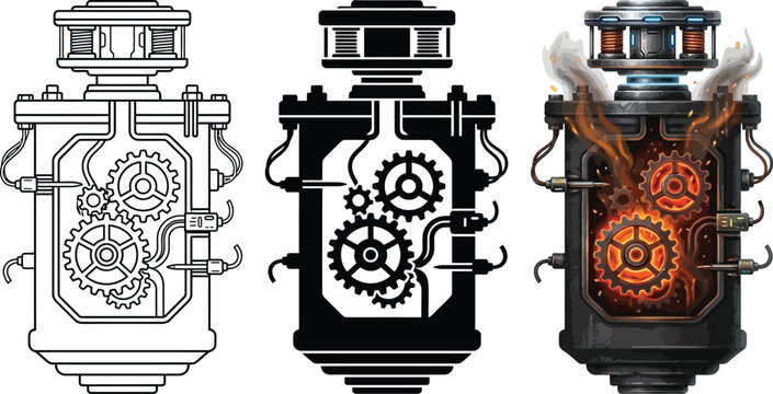 Detailed steampunk machine illustration presented in outline silhouette and full color versions perfect for fantasy and industrial design pr