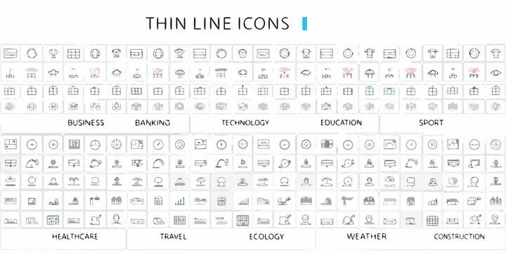 grid of thin line icons in black on white background symbol pictogram