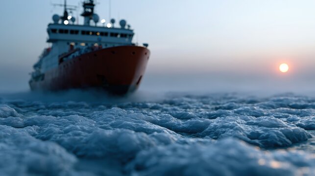 arctic research expedition, arctic icebreaker ship breaking through thick sea ice with researchers on deck conducting climate science expedition using scientific instruments in frozen ocean