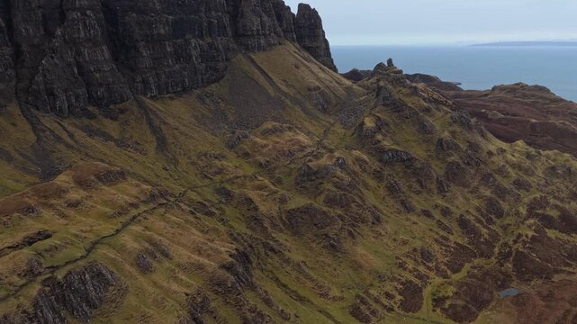 Aerial view of the quiraing on the isle of skye in scotland