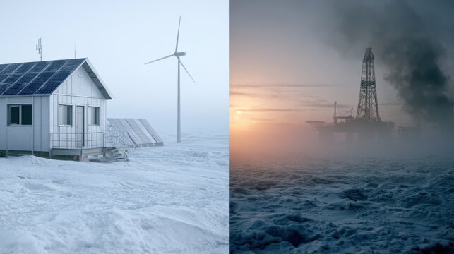 arctic climate split-screen portrayal clean renewable energy vs fossil fuel extraction, highlighting sustainability and exploitation contrast