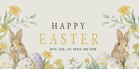 happy easter greeting with watercolor bunnies and eggs flowers spring holiday celebration © Apurba