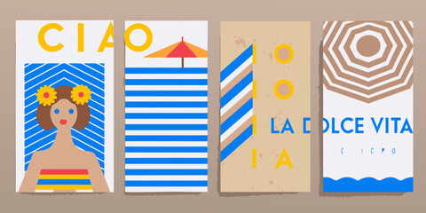 four minimalist travel posters with summer vacation themes design beach scene stripes © Apurba
