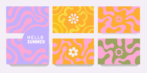 retro summer greeting cards with abstract patterns flower design vintage colorful background © Apurba