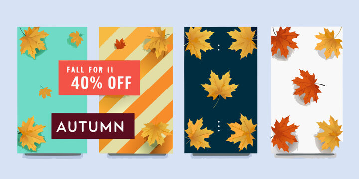 four vertical autumn promotional banners with colorful leaves fall seasonal marketing sale