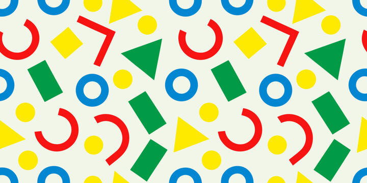 playful memphis style seamless pattern featuring colorful geometric shapes circles triangles squares