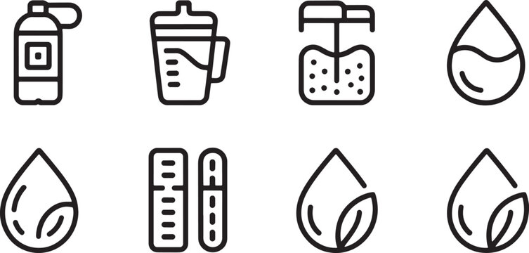 Vector Illustration Eco friendly water testing line icons for laboratory liquid analysis ph measurement ecological drops and hydration check.