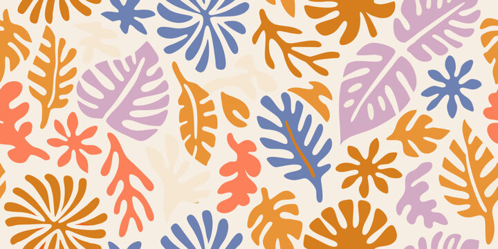 abstract leaves pattern in vibrant colors on cream background botanical nature design
