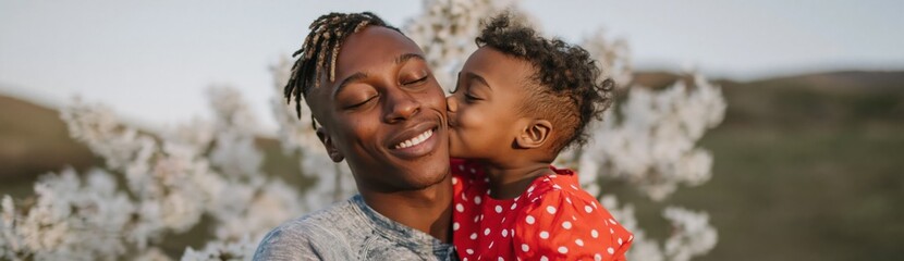 Fototapeta premium Young man being kissed by child in flowering orchard during spring