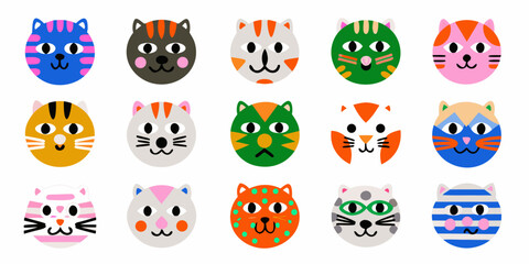 cat faces vector illustration set on white background colorful animal feline mammal © Apurba