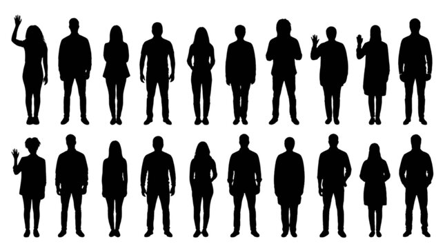 Silhouettes of people walking in a row isolated on transparent background, Vector