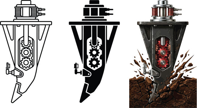 Industrial drilling tool vector illustration set featuring detailed gears and machinery breaking ground ideal for construction and engineeri