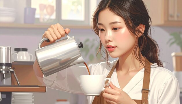Young Woman Pouring Coffee from Kettle into Cup at Cafe