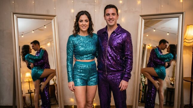 Woman in teal sequined crop top (opaque) & matching high-waisted shorts, partner in purple sequins