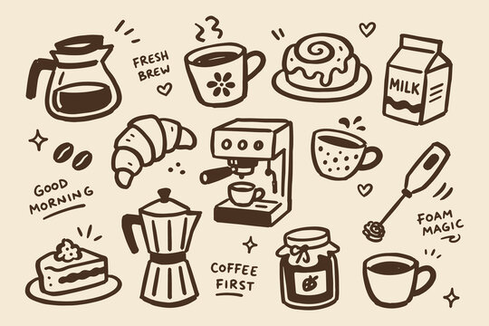 Coffee Breakfast Set Sketch Doodle Vintage Vector