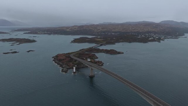 Aerial view of skye bridge connecting scottish mainland to the isle of skye