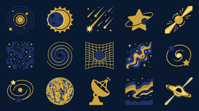 Cosmic Wonders: A Vibrant Collection of Flat Design Space and Astronomy Vector Icons with Stars