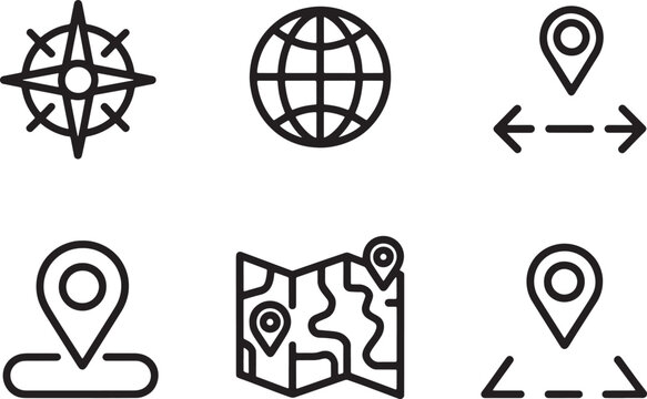 Vector Illustration Navigation and location line icons with compass globe map pin markers direction arrows and travel destination graphics.