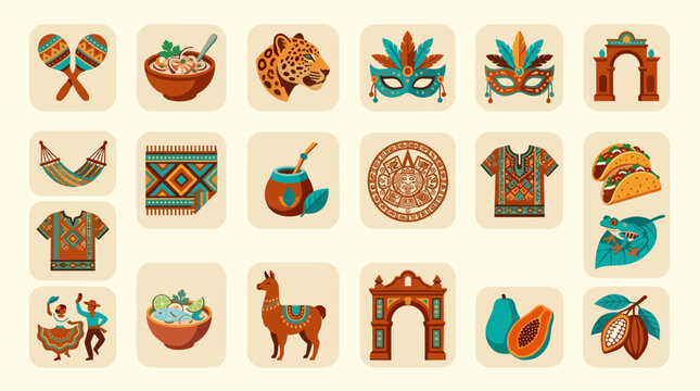 Vibrant Set of Icons Representing Culture Tradition Food and Nature of Latin America
